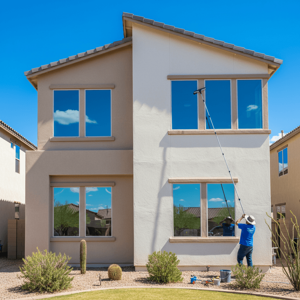 Professional window cleaner working on a residential home window