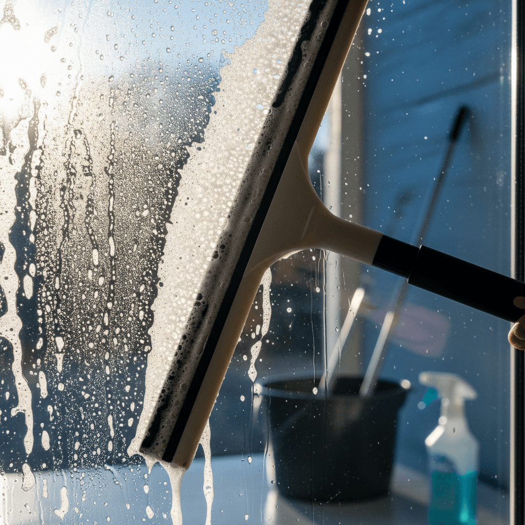 Squeegee removing soap from window, revealing clean glass