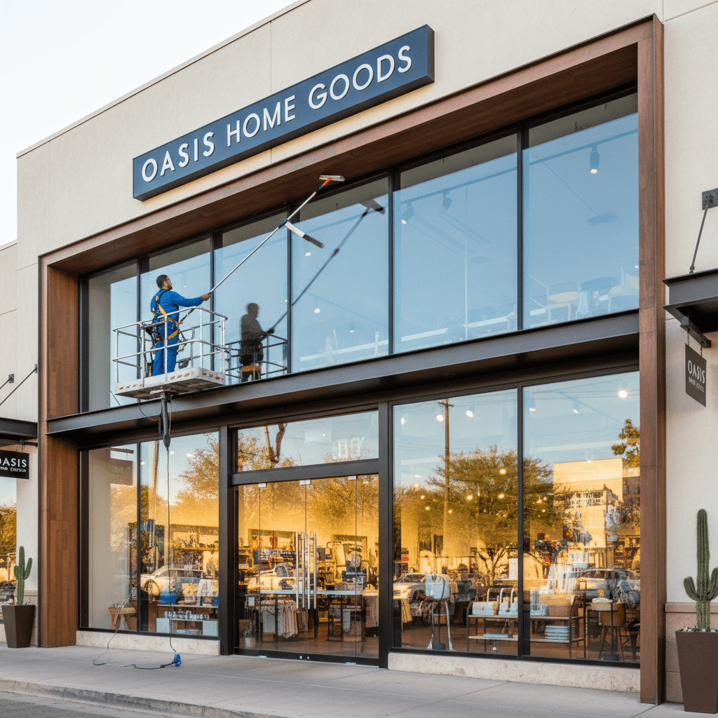 Commercial building storefront with pristine cleaned windows